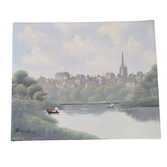 Signed Acrylic Canvas Painting River Salzburg Ladies in Boats unframed - Picture 7 of 11